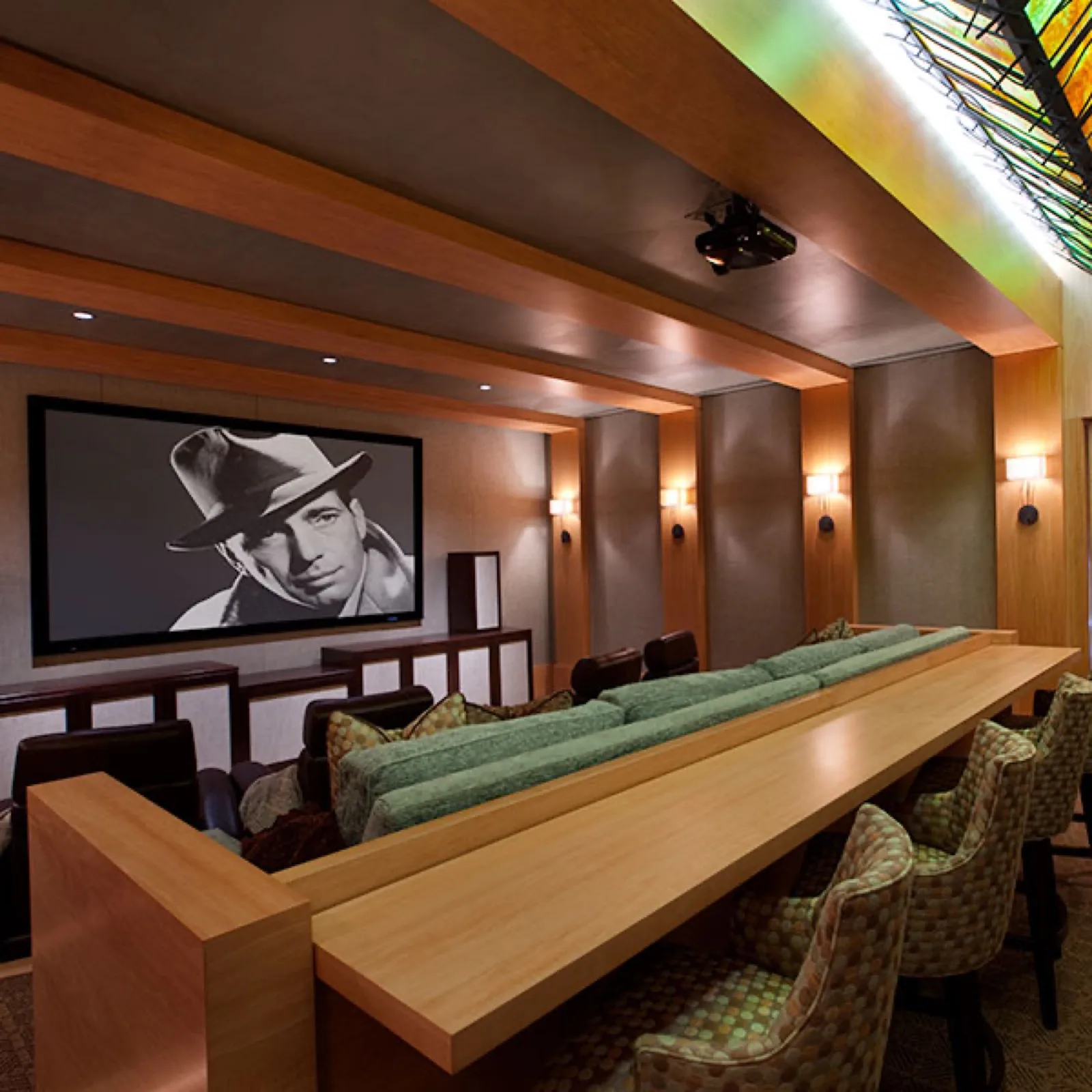 Home theatre with tiered seating and upholstered wall panels